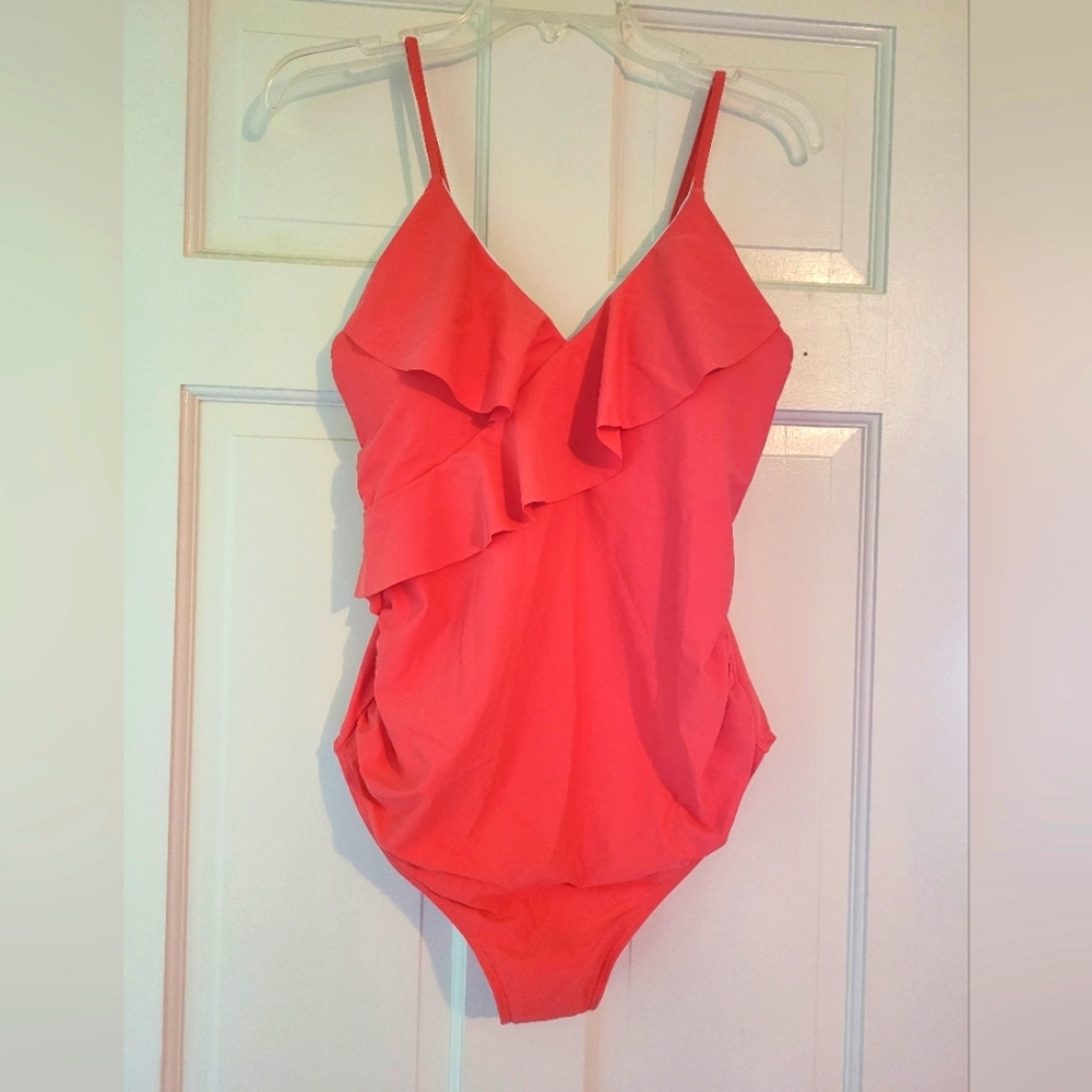 Tempotrek Ladies Maternity One Piece Ruffle Swimsuit Coral Size Medium